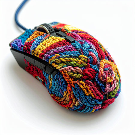 A fusion of modern technology and traditional craftsmanship. This computer mouse, wrapped in a vibrant, hand-knitted cozy, brings a touch of warmth, personality, and creative comfort to any digital workspace, celebrating individuality in the office.の素材