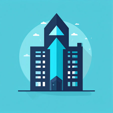 An illustration symbolizing significant business growth and corporate success. A powerful blue arrow shoots upward between modern office buildings, representing progress, ambition, and breaking new ground in the real estate or financial market.の素材