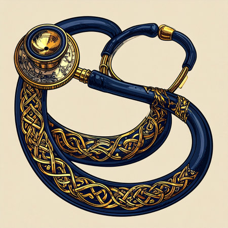 An illustration blending the precision of modern medicine with the timeless beauty of ancient Celtic art. This ornate stethoscope, adorned with intricate gold knotwork, symbolizes a holistic approach to healing, where tradition and innovation intertwine.の素材