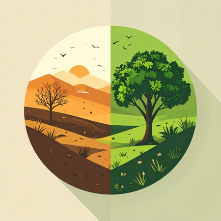 A powerful visual comparison illustrating the stark contrast between a barren, arid landscape suffering from drought and a vibrant, lush ecosystem teeming with life. This conceptual vector art symbolizes critical environmental issues and the importance of conservation.の素材