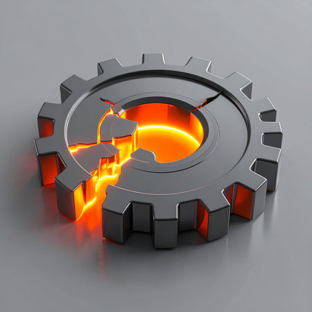 Under immense strain, a vital industrial cog fractures, revealing its superheated, glowing core. This powerful visual represents a critical system failure, a point of no return, or the dramatic consequence of pushing a mechanism beyond its limits. Its a metaphor for burnout, overload, and the inherent risks in complex technology.の素材