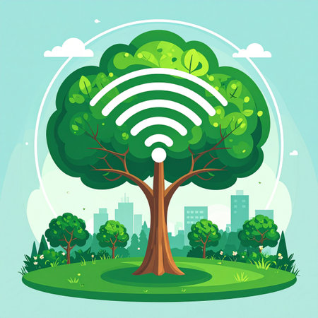 A vibrant illustration of a lush tree in a city park, seamlessly integrated with a Wi-Fi symbol. This image represents the harmonious blend of nature and modern technology, symbolizing concepts like green innovation, smart cities, and sustainable connectivity for a thriving urban community.の素材