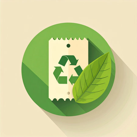 A modern flat design icon symbolizing a commitment to a greener future. The recycling symbol on a paper bag, paired with a fresh leaf, represents conscious choices for environmental sustainability and a healthier planet.の素材