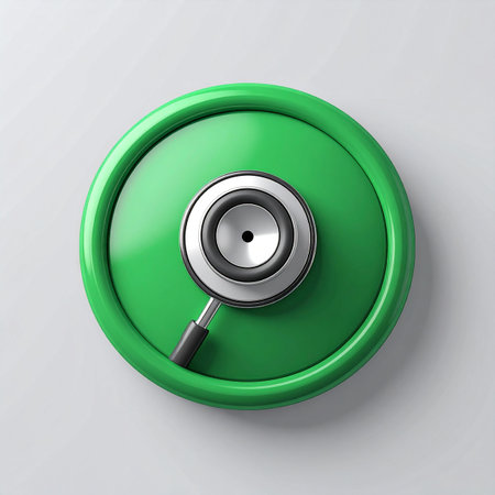 A stethoscope rests on a large green battery, symbolizing a vital health check for our planets energy systems. This conceptual image represents the critical need for monitoring, diagnosing, and improving sustainable and renewable power sources for a healthier future.の素材