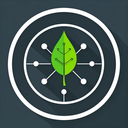 A digital leaf at the heart of a connected network symbolizes the fusion of nature and technology. This icon represents the future of sustainable innovation, where data-driven solutions foster environmental growth and ecological balance.の素材