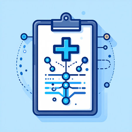 A modern illustration representing the evolution of healthcare, where traditional patient records on a clipboard are integrated with a digital network. This concept symbolizes innovation in medical technology, data analysis, and electronic health systems for improved patient care.の素材