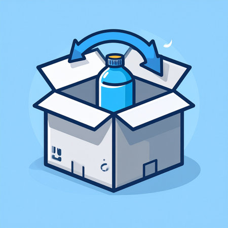 An illustration symbolizing a seamless and convenient product return or subscription refill service. A bottle is easily placed back into a shipping box, with a circular arrow indicating a smooth, hassle-free exchange or recurring delivery process for e-commerce customers.の素材