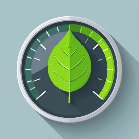 A vibrant green leaf sits at the heart of a performance gauge, with the indicator pushed to the maximum level. This illustration represents peak eco-friendly efficiency, symbolizing success in sustainability, renewable energy, and positive environmental impact.の素材