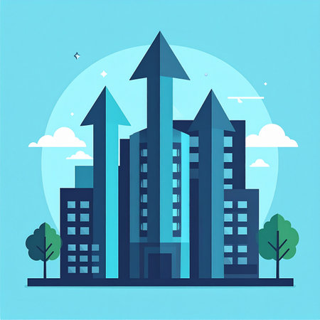 An illustration of a modern city skyline where buildings transform into upward-pointing arrows, symbolizing rapid business growth, real estate market success, and urban development. This graphic represents progress, ambition, and a booming economy.の素材