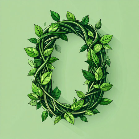 The number zero, intricately woven from vibrant green vines and fresh leaves, symbolizes a new beginning and a commitment to sustainability. It represents concepts like zero emissions and a fresh start, embodying growth, nature, and environmental consciousness in a clean, elegant design.の素材