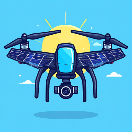 Harnessing the power of the sun, a futuristic solar-powered drone hovers in the bright blue sky. This illustration represents the future of sustainable technology, combining renewable energy with advanced aerial surveillance and delivery systems for a greener tomorrow.の素材