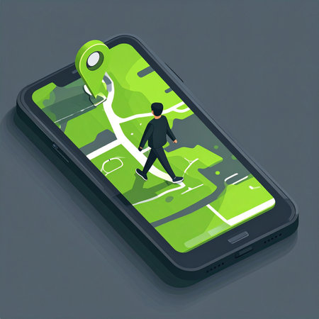 An isometric illustration showing a person following a highlighted route on a giant smartphone screen. This concept represents modern navigation, location-based services, and the integration of digital technology into everyday journeys and exploration.の素材
