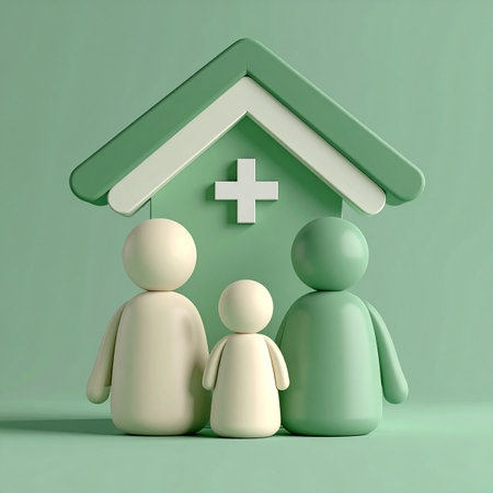 A minimalist representation of a family standing securely before a home with a medical symbol. This image conceptualizes the peace of mind and protection offered by family health insurance, healthcare plans, and accessible medical services, ensuring a safe and healthy future.の素材