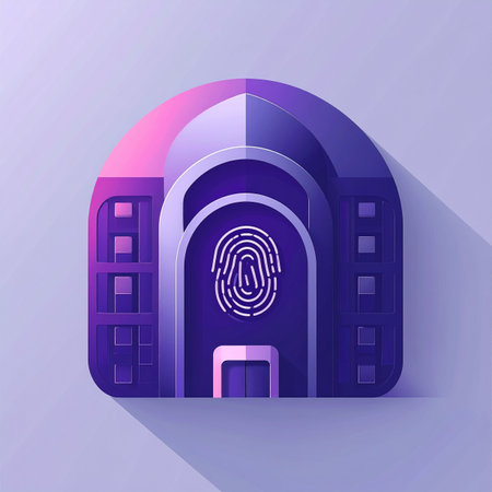 An icon representing the future of security, where a futuristic building grants access only through biometric fingerprint verification. This illustration symbolizes concepts of digital identity, data protection, and advanced technological control in a sleek, modern design.の素材
