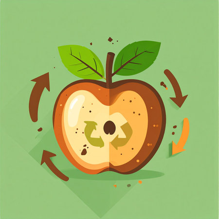 A stylized illustration captures the essence of sustainability, showing an apple core transforming through the composting cycle. Arrows swirl around the fruit, symbolizing the continuous process of decomposition and renewal, turning organic waste back into nutrient-rich soil for new growth. This graphic represents the core principles of eco-friendly living, zero waste, and the circular economy.の素材