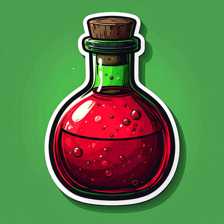 A vibrant red health potion, bubbling with magical energy inside a corked glass flask. This powerful elixir is a crucial item for any adventurer, ready to restore vitality and turn the tide of battle. Perfect for fantasy, gaming, or alchemy-themed projects.の素材