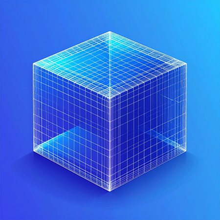 A glowing digital cube emerges from a blue void, its wireframe structure representing the foundational architecture of blockchain technology, data networks, and virtual worlds. This abstract visualization symbolizes innovation, complex systems, and the future of digital construction.の素材