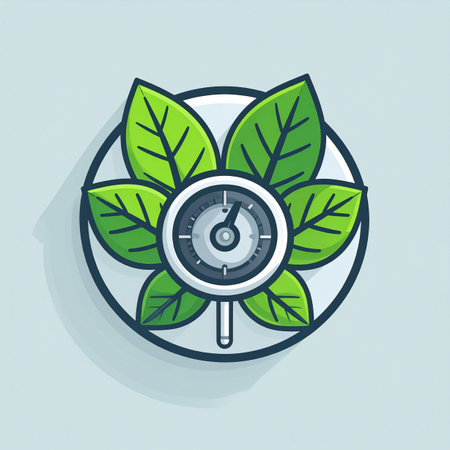 This icon represents the intersection of nature and technology, where a plants vitality is precisely measured. A central gauge monitors key performance indicators, symbolizing a scientific approach to sustainable growth, quality control for natural products, or the efficiency of green energy.の素材