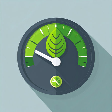 A modern flat design gauge measures environmental performance. The needle indicates a moderate level of sustainability, suggesting progress with room for improvement. This vector icon is perfect for eco-friendly dashboards, green energy reports, and sustainability initiatives.の素材