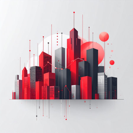 A dynamic cityscape pulses with digital energy, where red data points and network lines connect towering skyscrapers. This illustration represents a smart city, visualizing the flow of information, technological innovation, and the interconnected future of urban living.の素材