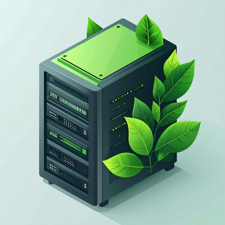 An isometric illustration showcasing a modern server rack intertwined with vibrant green leaves. This powerful visual metaphor represents the fusion of advanced technology with environmental responsibility, symbolizing sustainable data management, green hosting, and energy-efficient cloud computing for a greener future.の素材