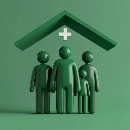 A symbolic 3D rendering of a family sheltered under a protective roof with a medical cross, representing the concept of comprehensive health insurance, medical care, and family well-being. This minimalist green illustration evokes feelings of safety, security, and trust in healthcare services.の素材