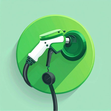 A modern electric vehicle charging nozzle is plugged in, symbolizing the shift towards sustainable transportation. This flat design icon represents green energy, innovation, and the future of eco-friendly power for a cleaner planet.の素材