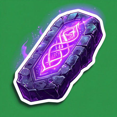 An ancient runestone, carved from dark obsidian, hums with latent arcane power. A luminous purple sigil glows from within, casting an ethereal light and hinting at forgotten spells and immense magical energy waiting to be unleashed.の素材