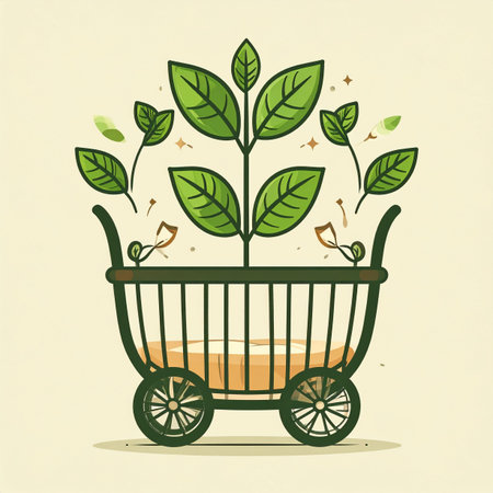 Every purchase is a seed planted for the future. This illustration captures the concept of conscious consumerism, where mindful shopping habits cultivate a healthier, greener planet. A symbol of growth, responsibility, and the positive impact of sustainable choices.の素材