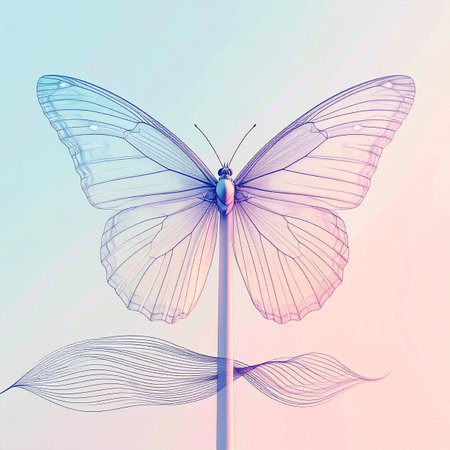 A beautifully rendered butterfly with delicate, translucent wings rests on a simple stem. Bathed in soft pastel light, this digital creation evokes a sense of tranquility, fragility, and futuristic elegance, symbolizing the beautiful metamorphosis where natures design meets advanced technology.の素材