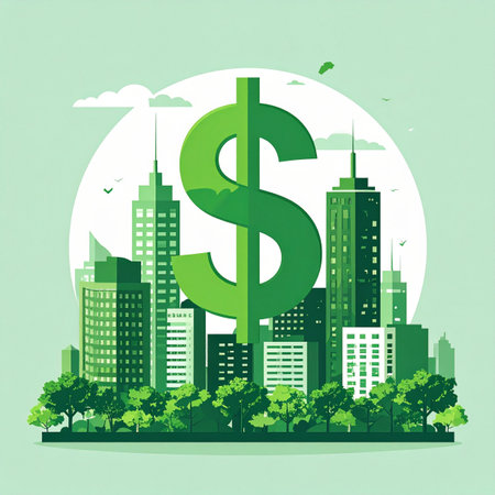 A vector illustration symbolizing the fusion of financial growth and environmental responsibility. A large green dollar sign stands tall amidst a thriving, eco-friendly cityscape, representing sustainable investment, green business, and the future of urban economic development.の素材
