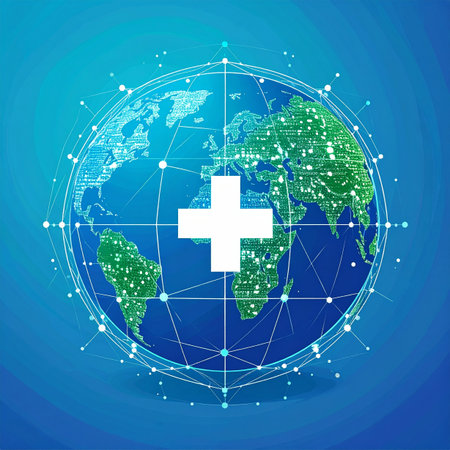 A luminous digital network envelops the globe, connecting continents in a unified system of health and medical support. At its heart, a medical cross symbolizes international cooperation, innovation, and the future of global healthcare technology.の素材
