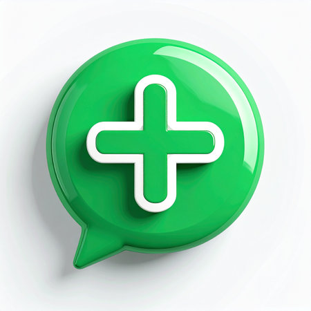 A clean, glossy green notification bubble featuring a bold white plus sign, isolated on a white background. This 3D icon represents adding new content, joining a conversation, or a positive action in a digital interface, symbolizing growth, health, and new beginnings.の素材