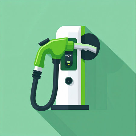 A modern symbol of progress, this green electric vehicle charging station stands ready to power the future of transportation. Its clean lines and flat design represent a commitment to sustainable energy and a cleaner planet, one charge at a time.の素材