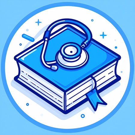 A stethoscope rests on a closed textbook, symbolizing the deep connection between medical knowledge and clinical practice. This clean, modern icon represents the continuous journey of learning and expertise required in the healthcare field, from medical school studies to professional development.の素材
