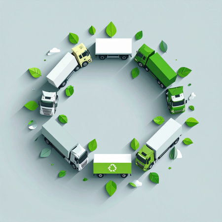 A fleet of modern green and white trucks forms a continuous circle, intertwined with fresh leaves. This represents a commitment to a sustainable future, where the logistics industry embraces eco-friendly practices and a circular economy to protect the environment.の素材