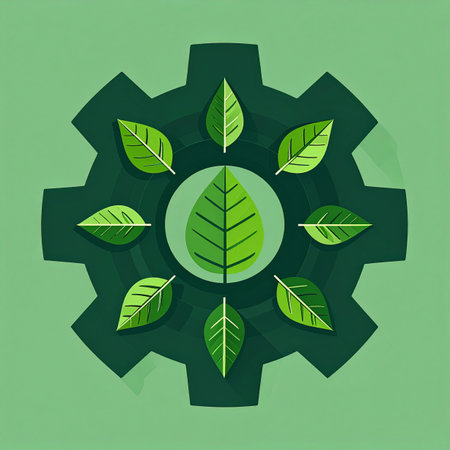 The engine of progress is turning green. This conceptual illustration features a mechanical gear seamlessly integrated with natural leaves, representing the powerful synergy between industry and ecology. Its a symbol of sustainable innovation, green technology, and a commitment to an environmentally responsible future.の素材