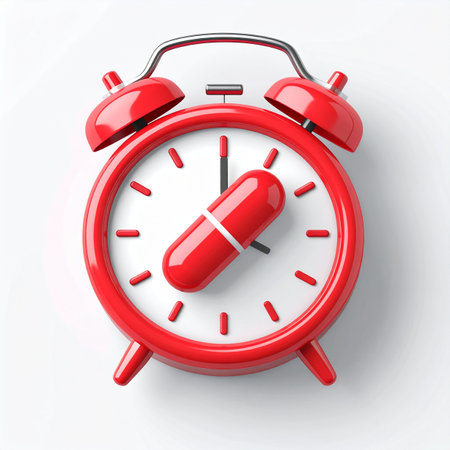 A vibrant red alarm clock marks a critical moment, with a large pill replacing one of its hands. This powerful visual represents the importance of timely medication, adherence to a treatment schedule, or the urgent deadline associated with health and medical care. Isolated on a white background, its a potent symbol for healthcare concepts.の素材