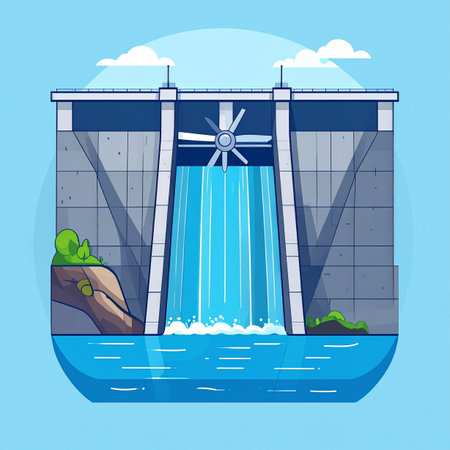 A modern hydroelectric dam stands as a symbol of clean, renewable power. Water cascades through the spillway, turning a massive turbine to generate sustainable electricity for the future, showcasing a harmonious blend of technology and nature.の素材