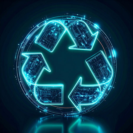 A glowing digital recycling symbol emerges from a dark background, its circuits and data streams representing the fusion of technology and environmental responsibility. This futuristic icon visualizes the concept of a circular economy, where innovation and sustainability work together for a cleaner, smarter future.の素材