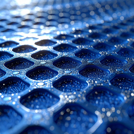 A macro view into a futuristic world of advanced materials. This intricate hexagonal graphene structure glows with blue light, representing the flow of data and energy through a powerful network of innovation and scientific discovery.の素材