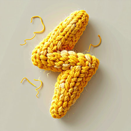 A vibrant, handcrafted corn cob, crocheted from yellow yarn, is playfully shaped into a dynamic lightning bolt. This whimsical flat lay composition on a neutral background represents a sudden spark of creative energy, the power of handmade ideas, and a unique fusion of nature and innovation.の素材