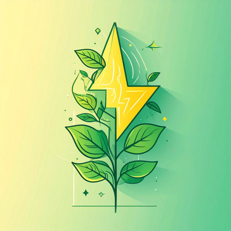 A vibrant illustration symbolizing the growth of sustainable power. A green plant sprouts a powerful lightning bolt, representing the fusion of nature and clean, renewable electricity for an eco-friendly future.の素材