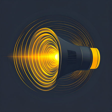 A powerful message bursts forth from a modern speaker, visualized as vibrant golden sound waves expanding into the darkness. This dynamic illustration represents the energy of communication, broadcasting, and technological innovation.の素材