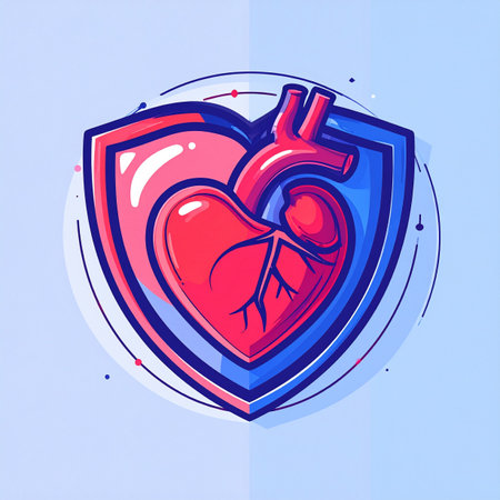 A vibrant illustration symbolizing the ultimate protection for cardiovascular well-being. The strong shield guards the anatomical heart, representing security, insurance, and proactive healthcare in a modern, clean design.の素材
