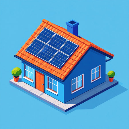 An isometric illustration of a modern family home embracing a sustainable future. Rooftop solar panels generate clean, renewable energy, representing a smart investment in both property and the planets health. This concept visualizes green technology, eco-friendly living, and the future of residential power.の素材