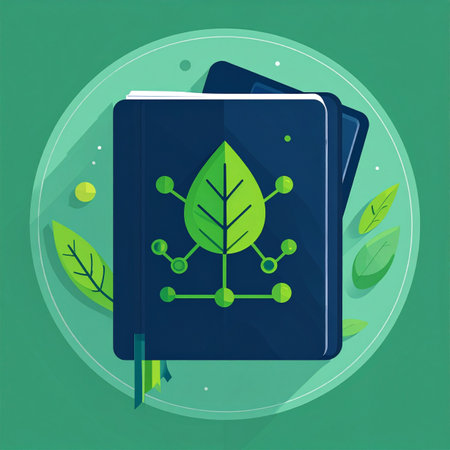 A book of knowledge opens to reveal the intersection of nature and technology. A leaf, represented as a digital network, symbolizes the future of sustainable science, biotechnology, and environmental research, illustrating growth and innovation.の素材