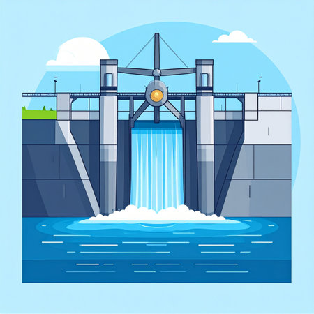 A powerful illustration of a hydroelectric dam in action, releasing a torrent of water to generate clean, sustainable energy. This image symbolizes modern engineering, the force of nature harnessed for progress, and the future of renewable resources.の素材