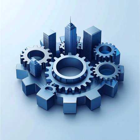 A powerful 3D illustration depicting the intricate mechanics of urban progress. A gleaming city skyline rises from a complex system of interlocking gears, symbolizing the synergy between industry, technology, and economic growth. This image represents the engine of a metropolis, a concept of innovation, infrastructure, and corporate development working in perfect harmony.の素材