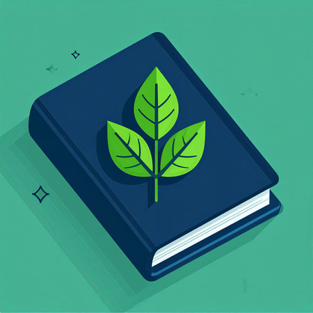 A single book holds the secrets of the natural world, its cover adorned with a vibrant green leaf symbolizing growth, sustainability, and ecological wisdom. This illustration represents the intersection of education and environmental consciousness, perfect for concepts of learning, conservation, and green initiatives.の素材